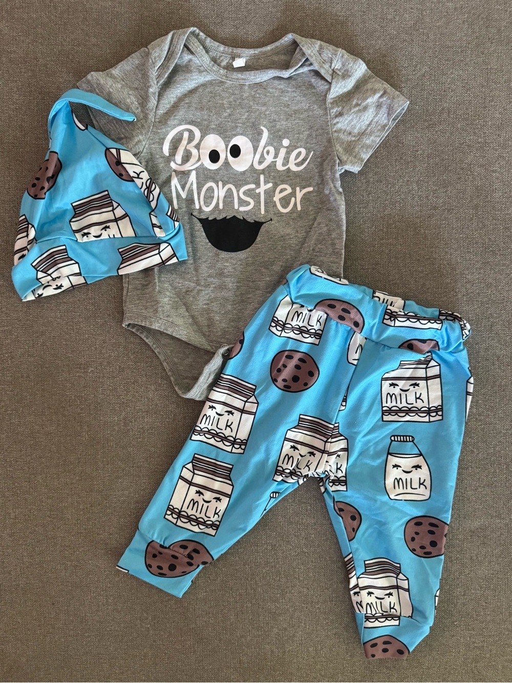 Baby Boobie Monster 3 Piece Cookies and Milk Pants, Bodysuit, Hat Set 6-9 months